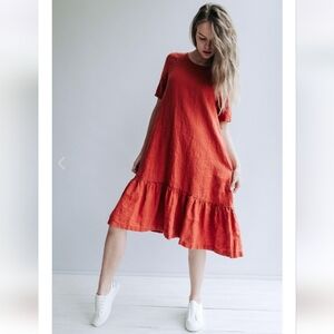 Linenbee Burgundy Juliana Drop Waist Tiered Linen Dress - S